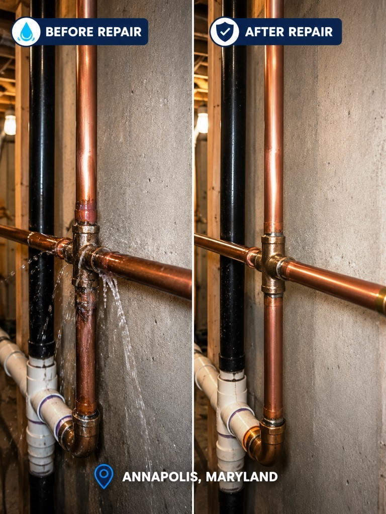 leaking copper pipe before & after repair