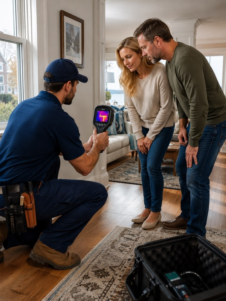 plumber showing thermal imaging leak detection results to homeowners